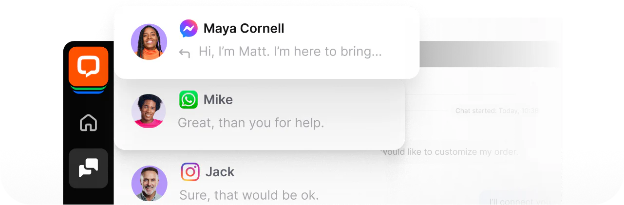 View of LiveChat app displaying inquiries from multiple communication channels, including Messenger, WhatsApp, and Instagram