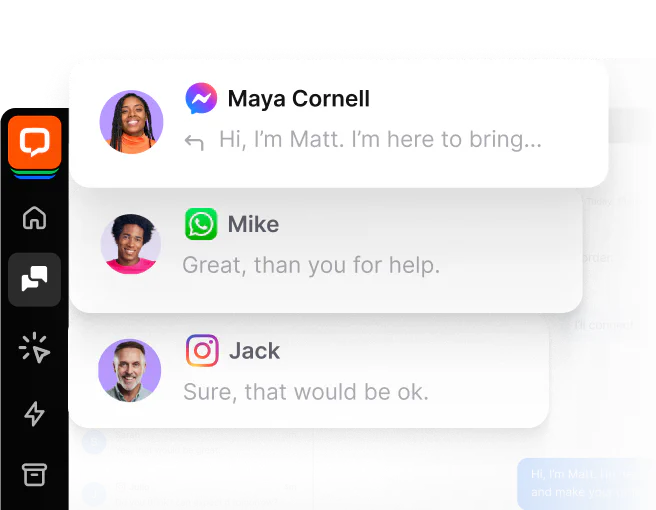 View of LiveChat app displaying inquiries from multiple communication channels, including Messenger, WhatsApp, and Instagram