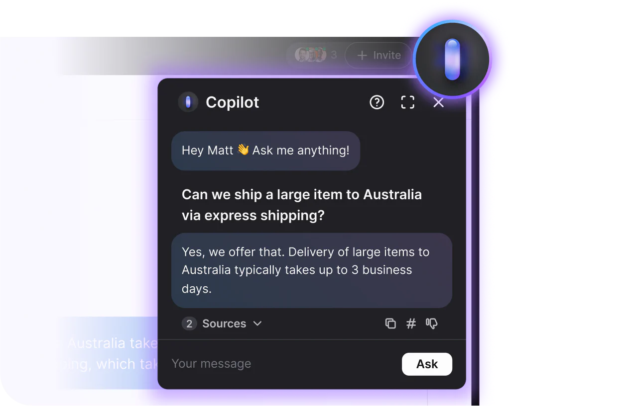 Copilot feature inside the LiveChat app assisting with answering questions to streamline customer service agents' work and improve efficiency.
