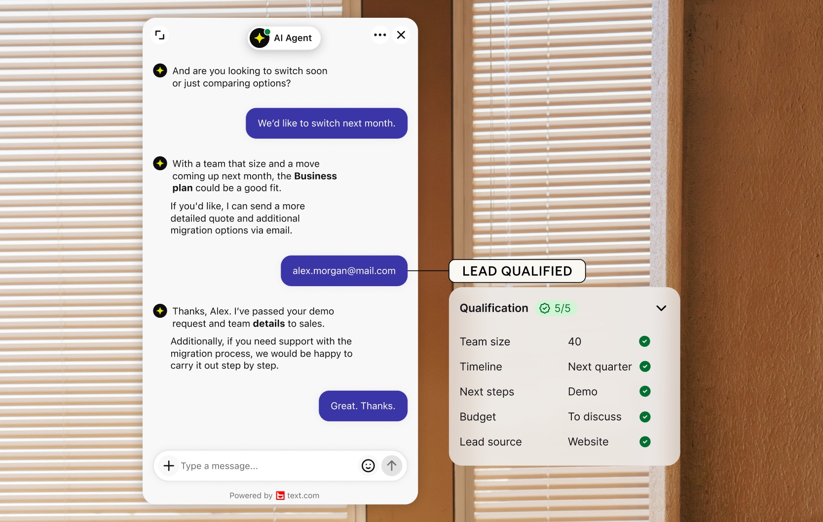 AI Agent qualifying a lead in chat by team size, timeline, next steps, budget and source