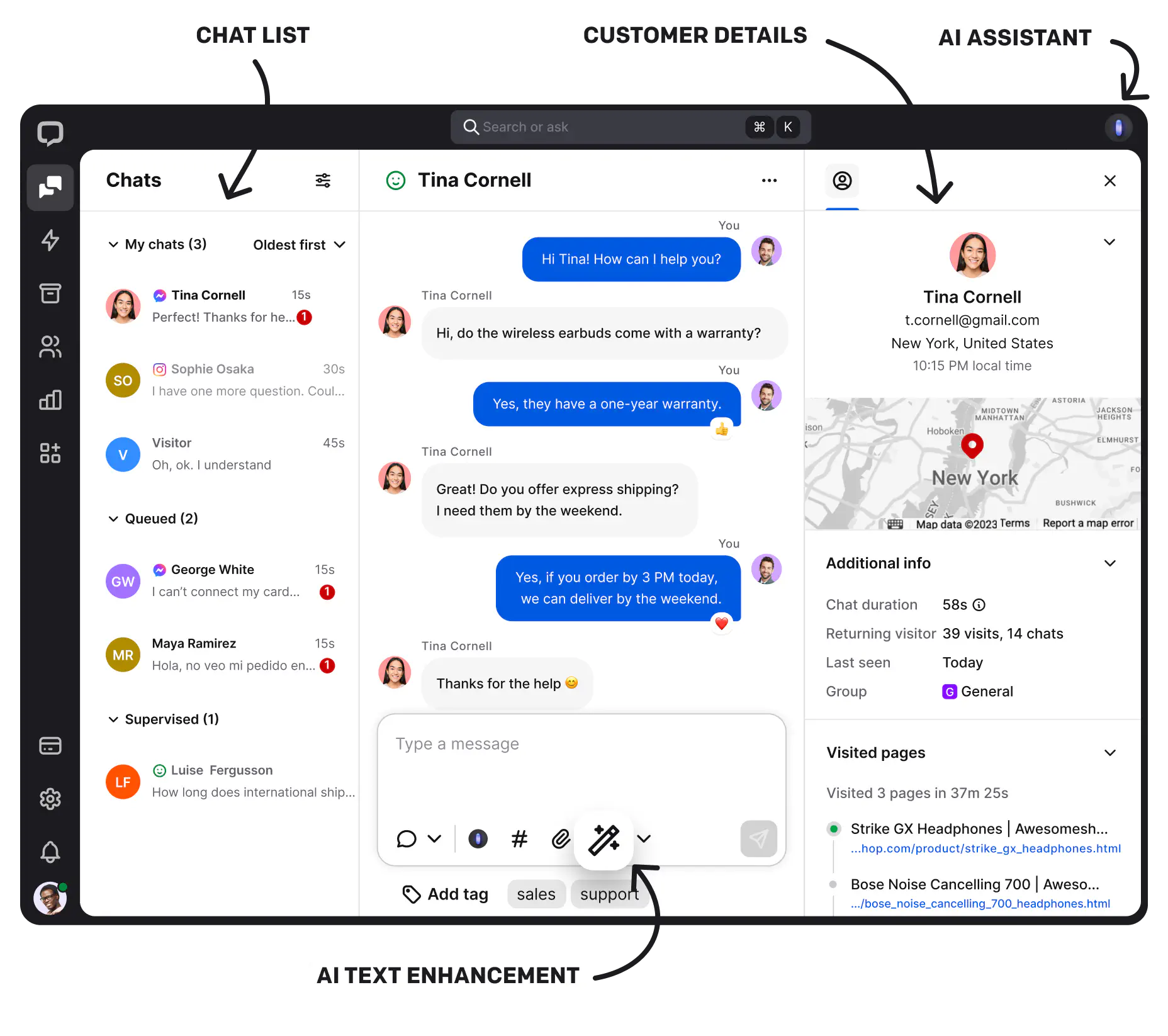 The look of the LiveChat app from the inside which shows the chat list and its features: AI text enhancement, Customer Details, and AI Assistant.
