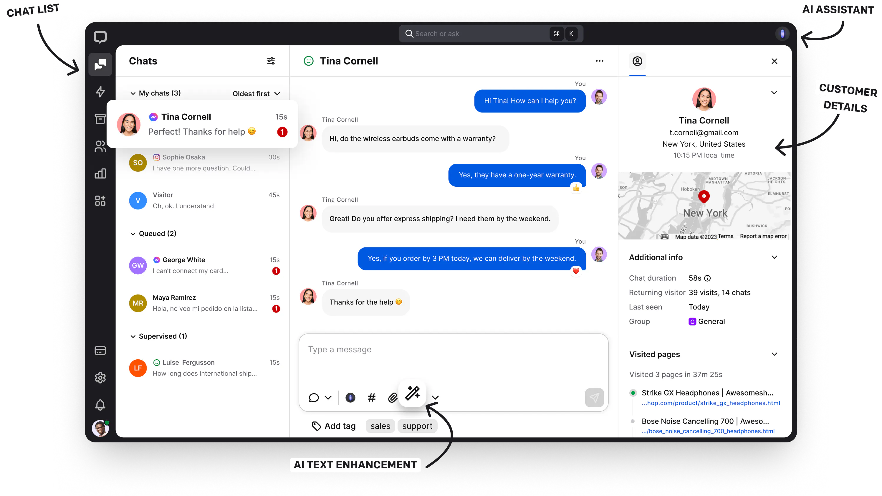The look of the LiveChat app from the inside which shows the chat list and its features: AI text enhancement, Customer Details, and AI Assistant.