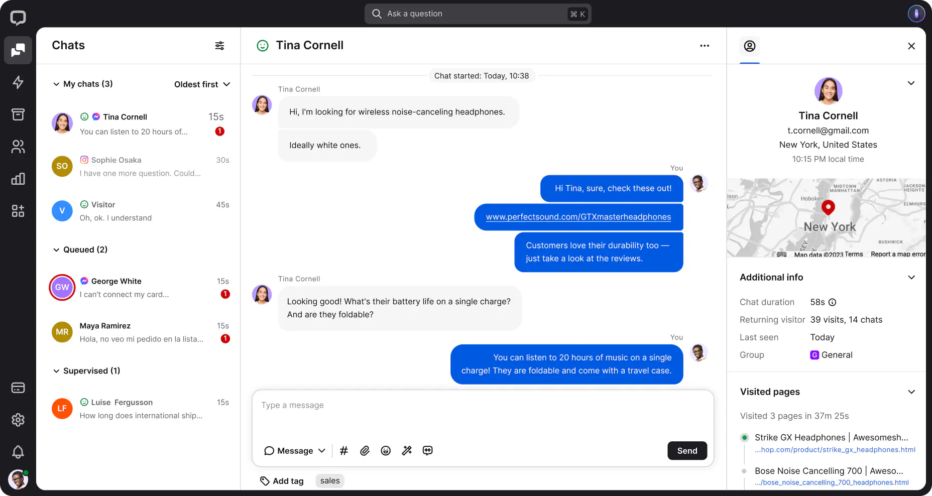 A preview of the Chats section in the LiveChat agent app, showcasing the chat list, chat feed, and customer details all at once.