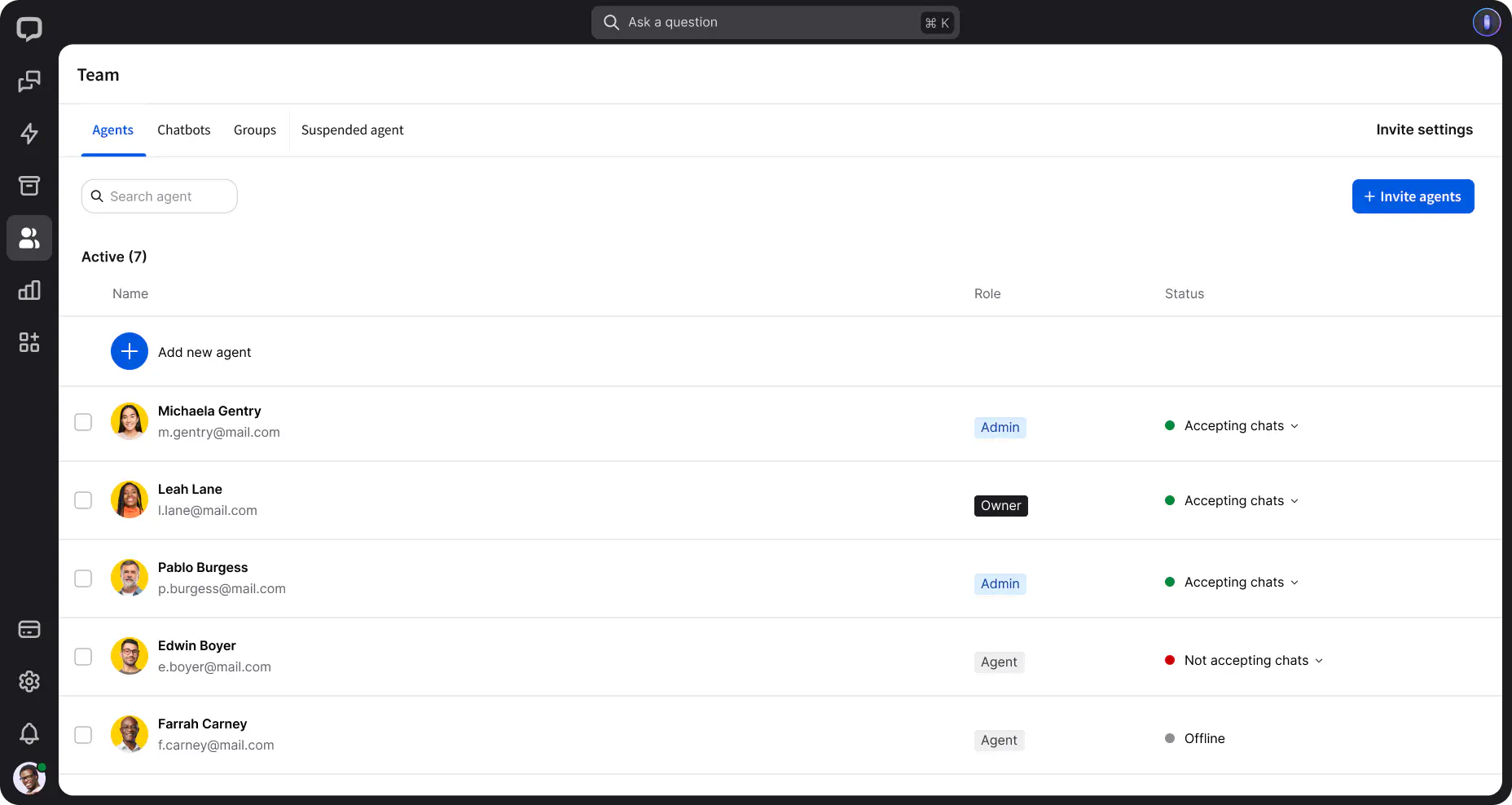 A preview of the Team section in the LiveChat agent app, showcasing the list of agents added to your LiveChat license.