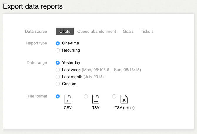 Data export options available in LiveChat