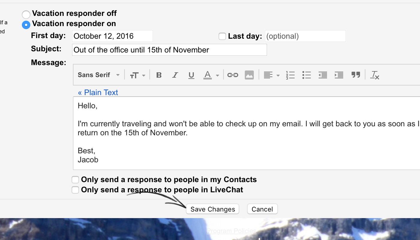 Out of office. Out of Office auto reply e-mail. Vacation Responder. Sample on leave message for auto reply.